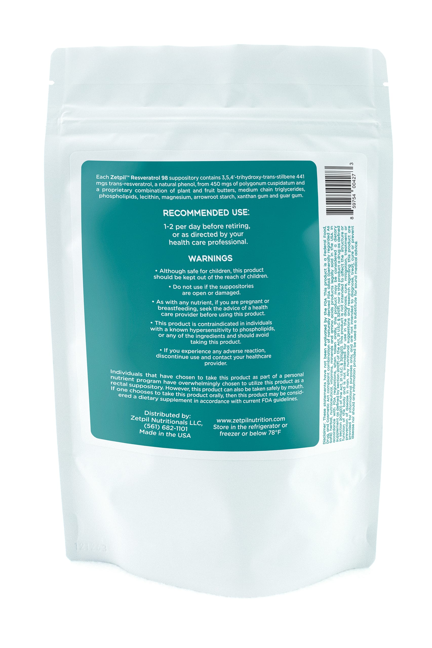 Zetpil™ 98 % Trans-RESVERATROL Suppository